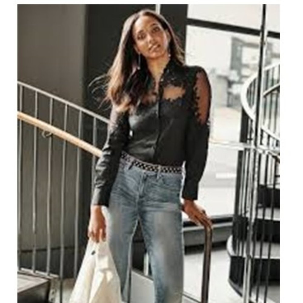 White House Black Market Sheer Lace-Accent Black Blouse - Picture 4 of 10